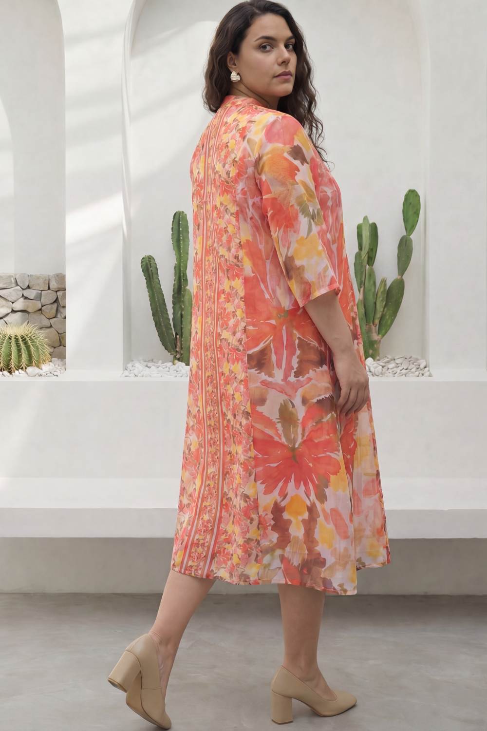 Comfortable Plus Size Peach Coral Floral Print Cotton Midi Dress