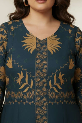 Teal Mustard Ornate Printed Long Dress