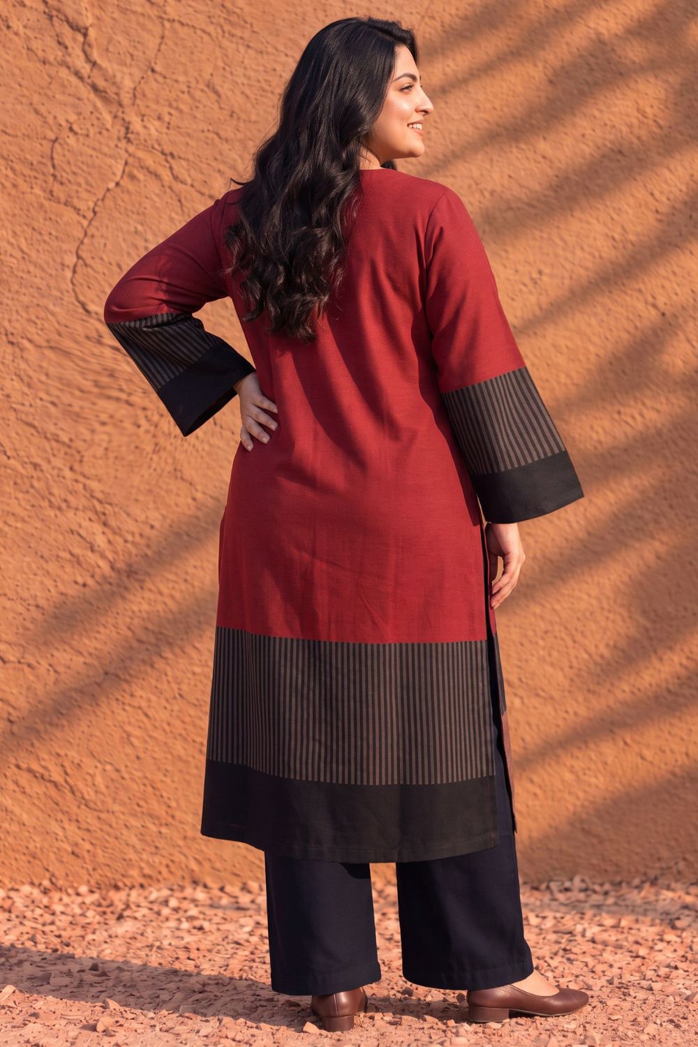 Plus Size Bold Red Contrast Detail SnugWeave™  Kurta for Women