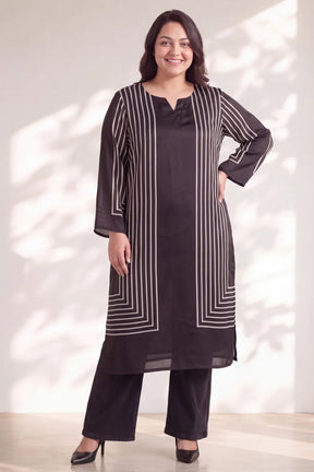 Plus Size Black Geometric Stripe Print Satin Georgette Kurta