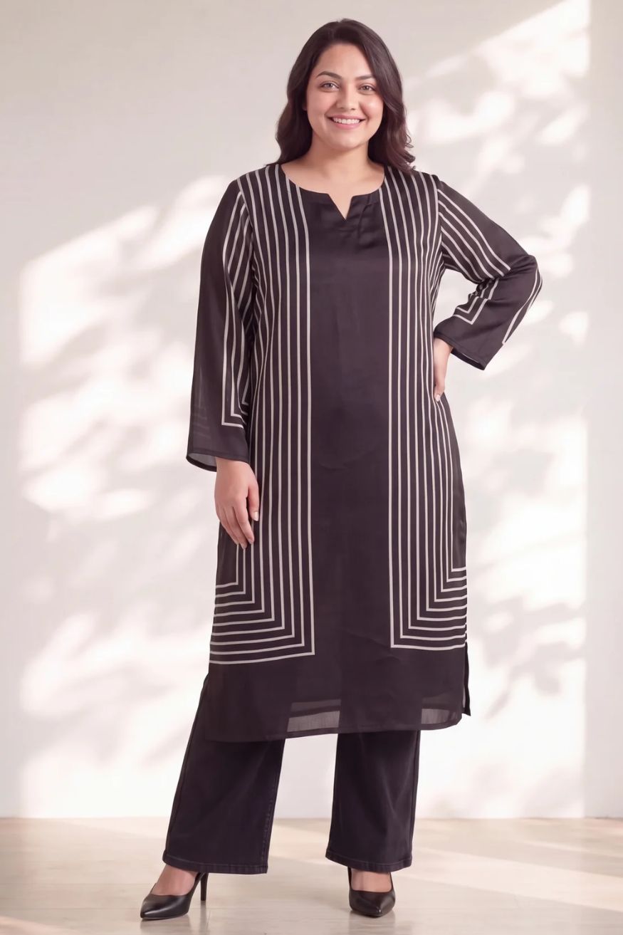 Plus Size Black Geometric Stripe Print Satin Georgette Kurta for Women
