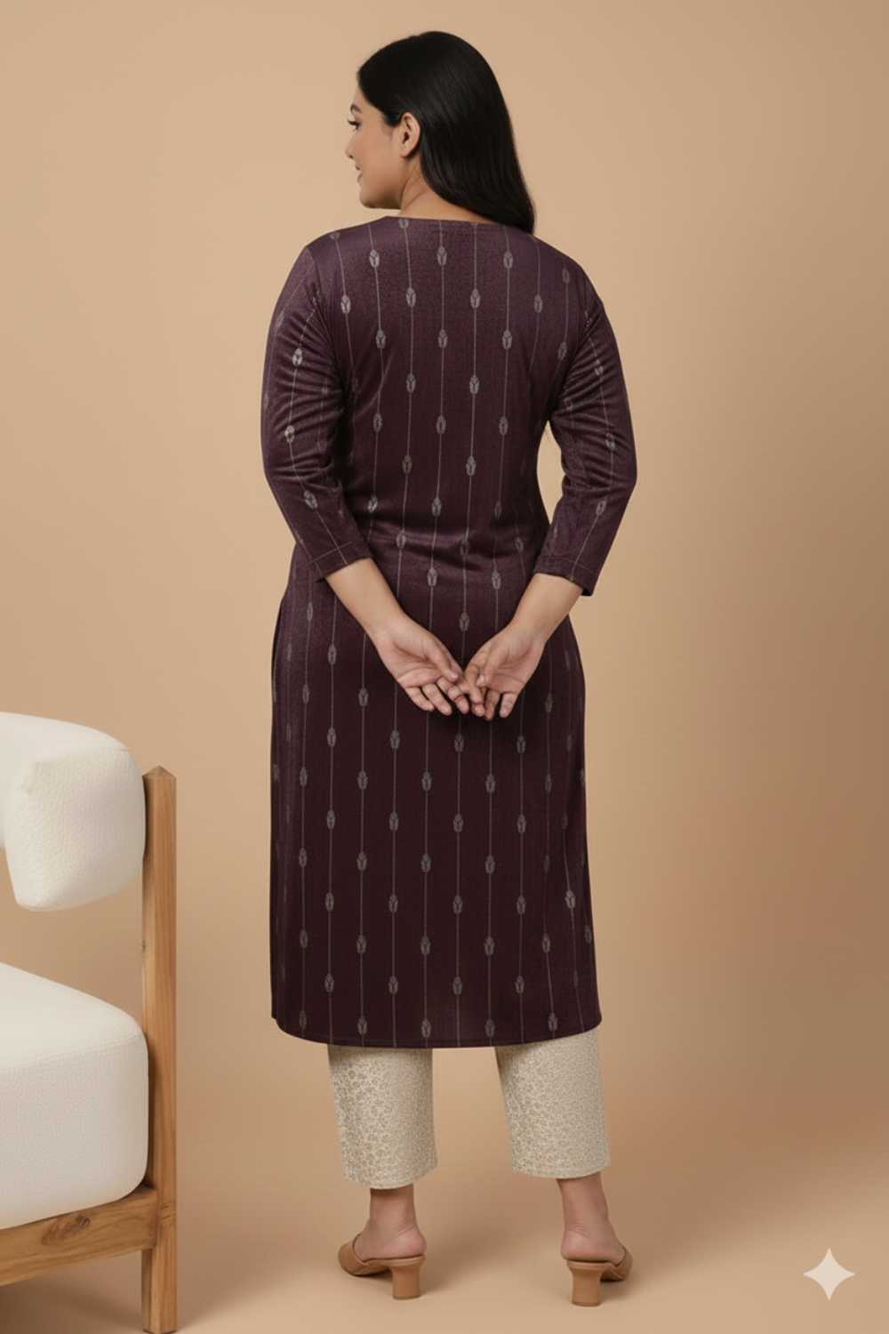 Plus Size Purple V Neck SnugWeave™ Winter Kurta