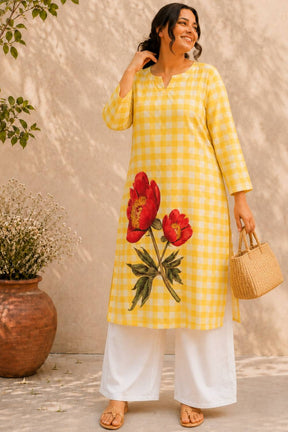 Plus Size Yellow Gingham Floral Print cotton Kurti