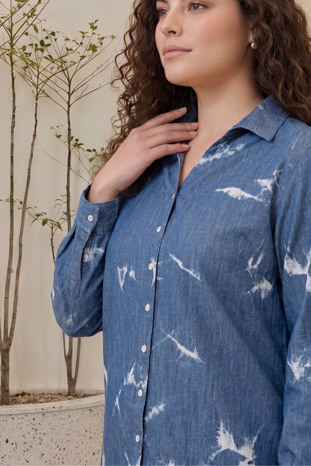 Comfortable Plus Size Denim Cotton Shirt Marble Wash