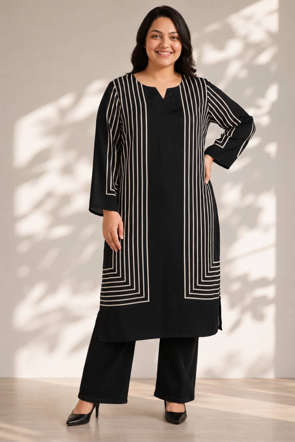 Plus Size Black Geometric Stripe Print Georgette Kurta for Women