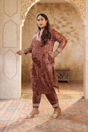 Plus Size Mocha Brown Velvet V Neck Suit Set