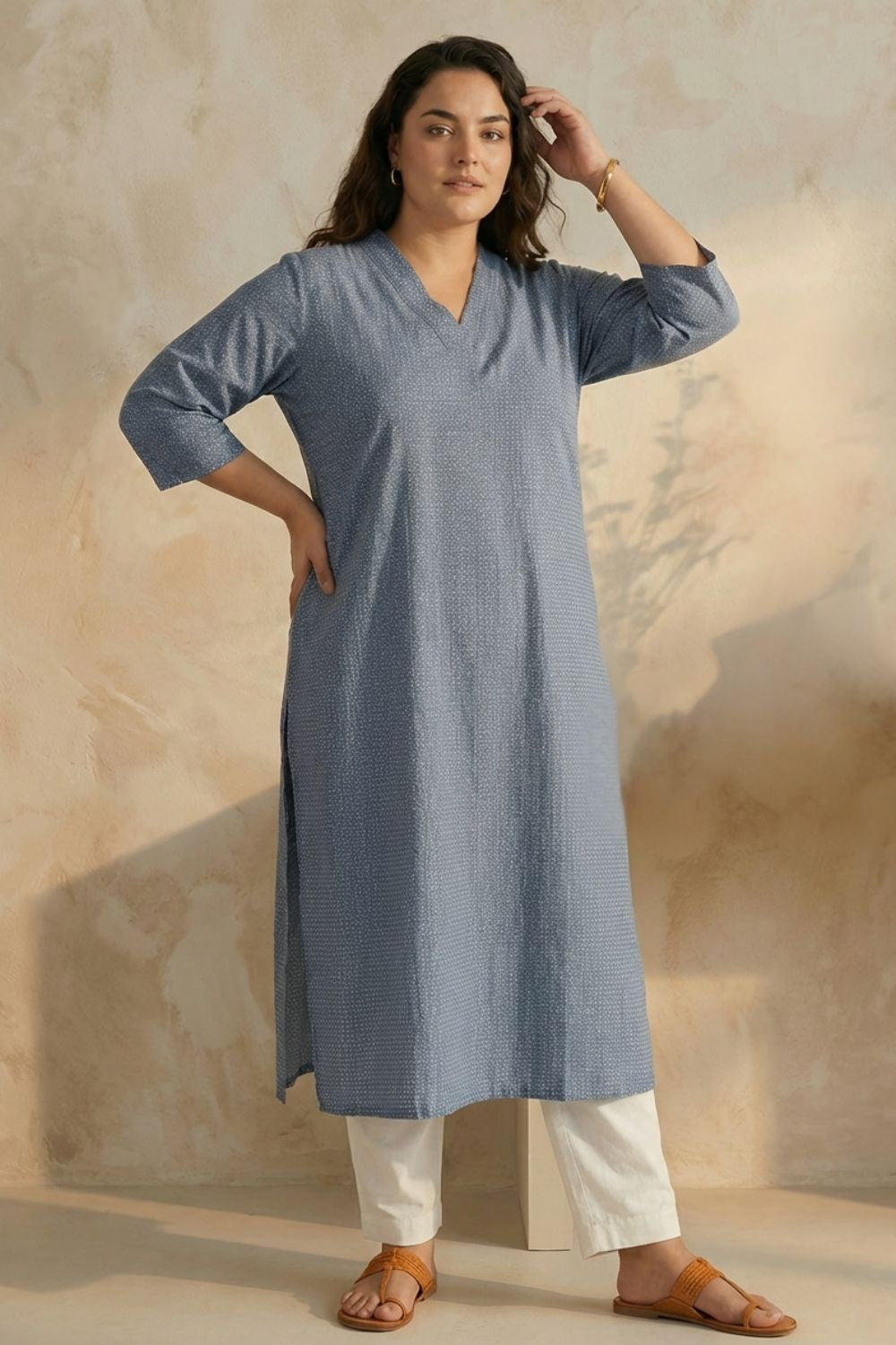 Plus Size Plus Size Mid Blue Cross Weave Denim Cotton Kurta