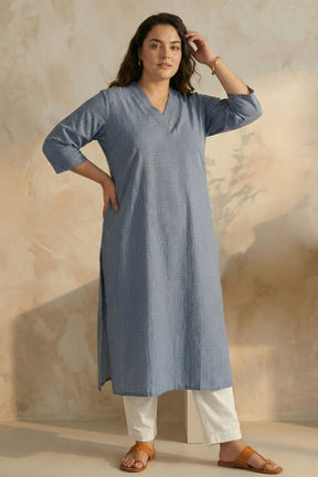 Plus Size Mid Blue Cross Weave Denim Cotton Kurta
