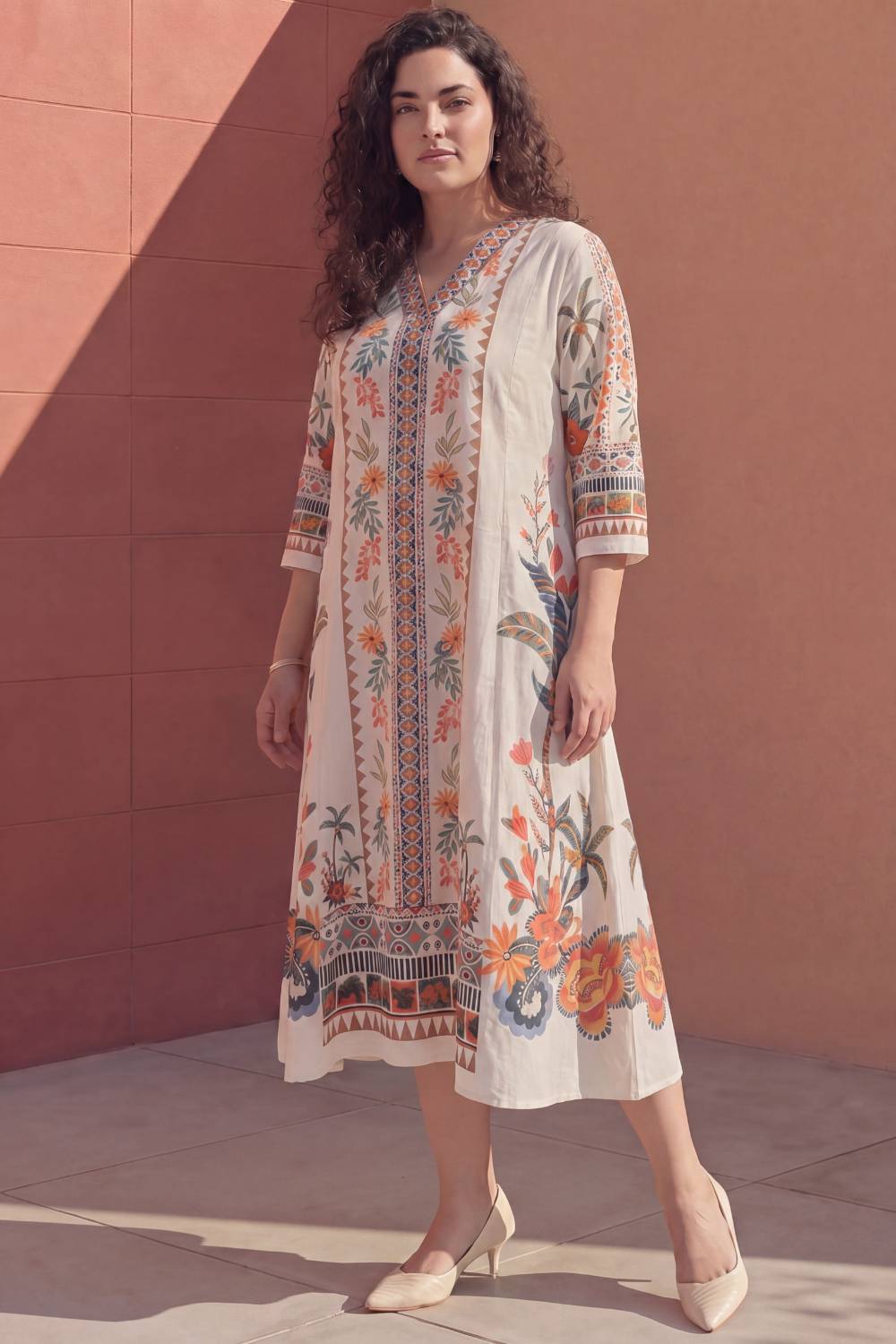 Comfortable Plus Size Boho Floral Panel Print Cotton Midi Dress