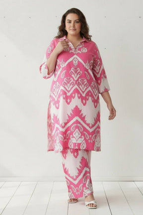 Plus Size Pink White Printed Co-ord Set