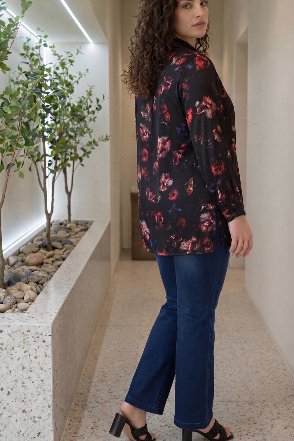 Plus Size Black Floral Print High Slit Longline Satin Shirt for Women