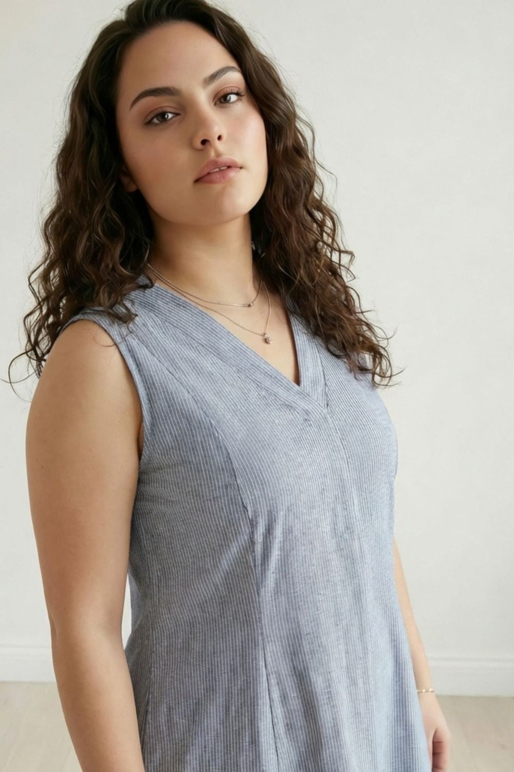 Plus Size Plus Size Blue Chambray Pinstripe Sleeveless Cotton Midi Dress