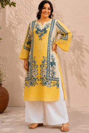 Plus Size Yellow Floral Print cotton Kurti