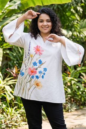Plus Size White Floral Printed Cotton Top