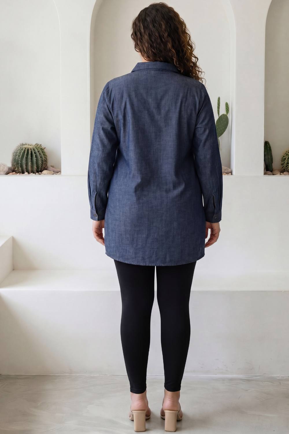 Plus Size Denim Cotton High Slit Longline Shirt