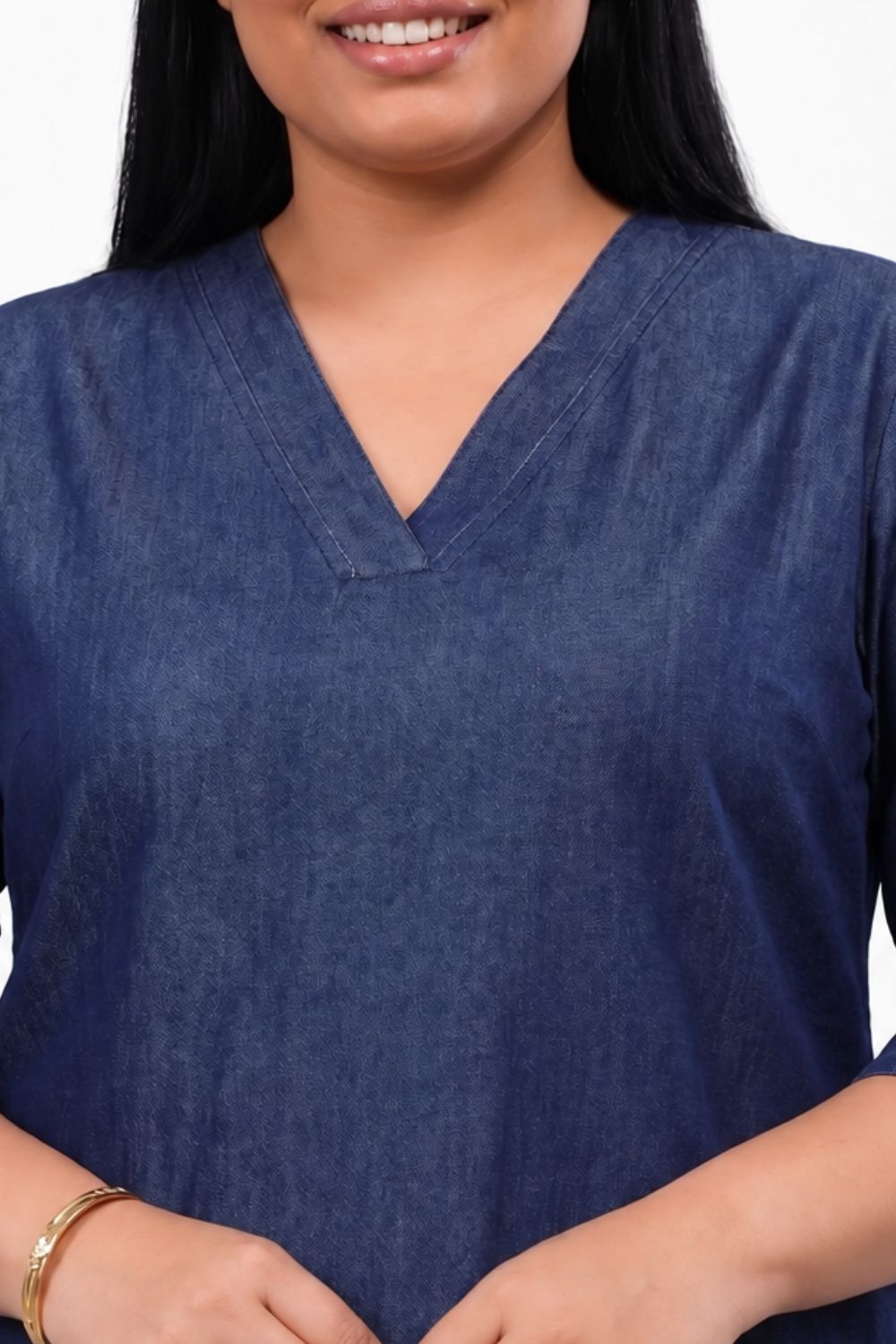 Plus Size Denim Cotton V-Neck Kurta for Women