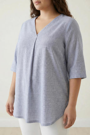 Plus Size Blue Chambray Pinstripe V-Neck Top
