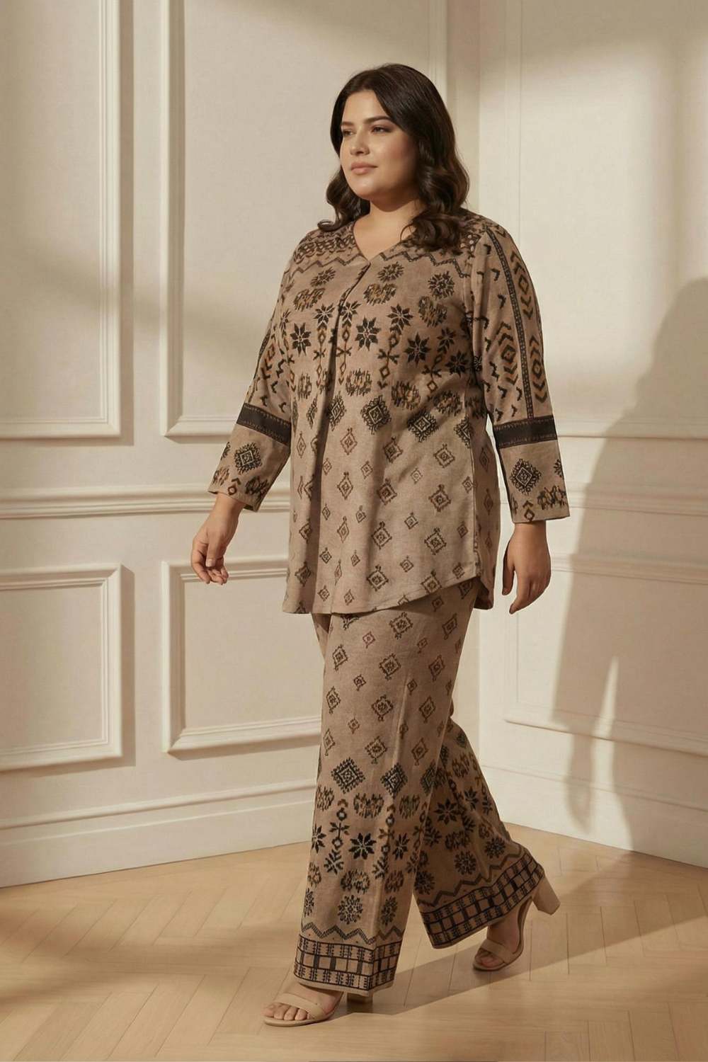Plus Size Plus Size Beige Printed SnugWeave™ Winter Top Coord Set