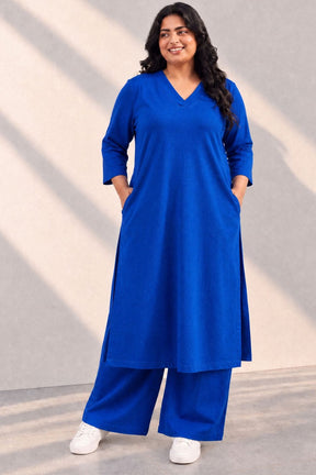Plus Size SoftEase V Neck Blue Cotton Kurta Coord Set