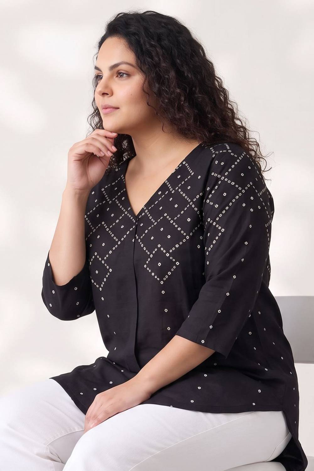 Plus Size Plus Size Black Bandhej Print Top