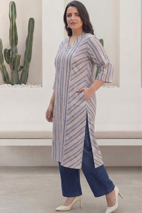 Plus Size Blue & Beige Striped Cotton V-Neck Kurta
