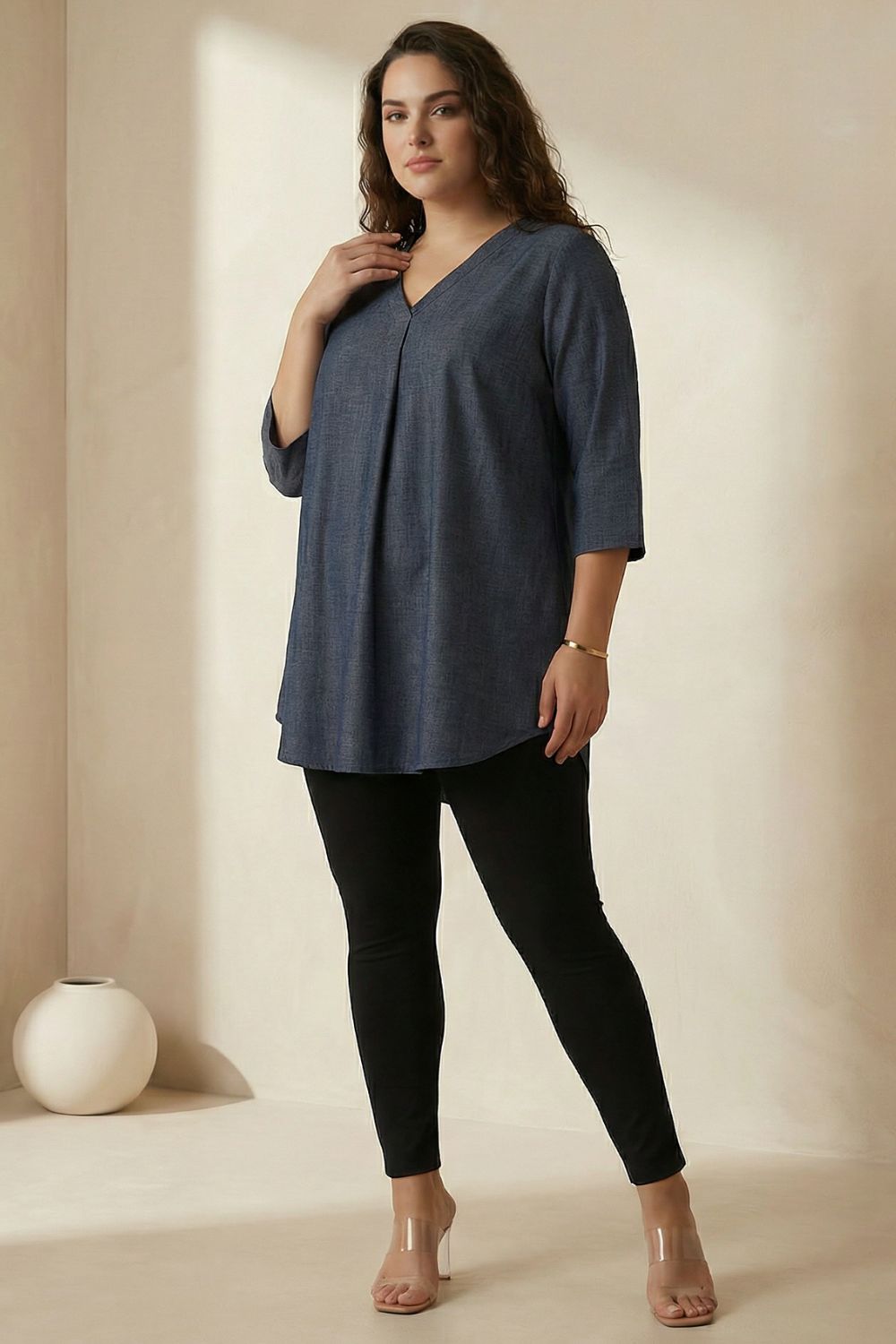 Plus Size Plus Size Denim Cotton V-Neck Top