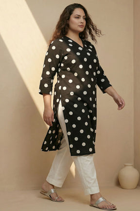 Plus Size Black Polka Print Rayon V Neck Kurta
