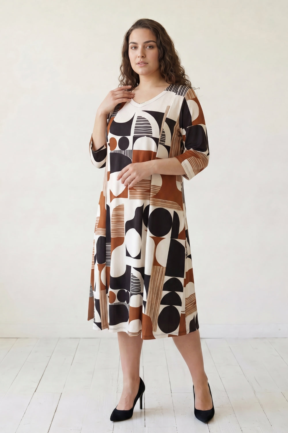 Plus Size Abstract Geometric Print A-Line Midi Dress