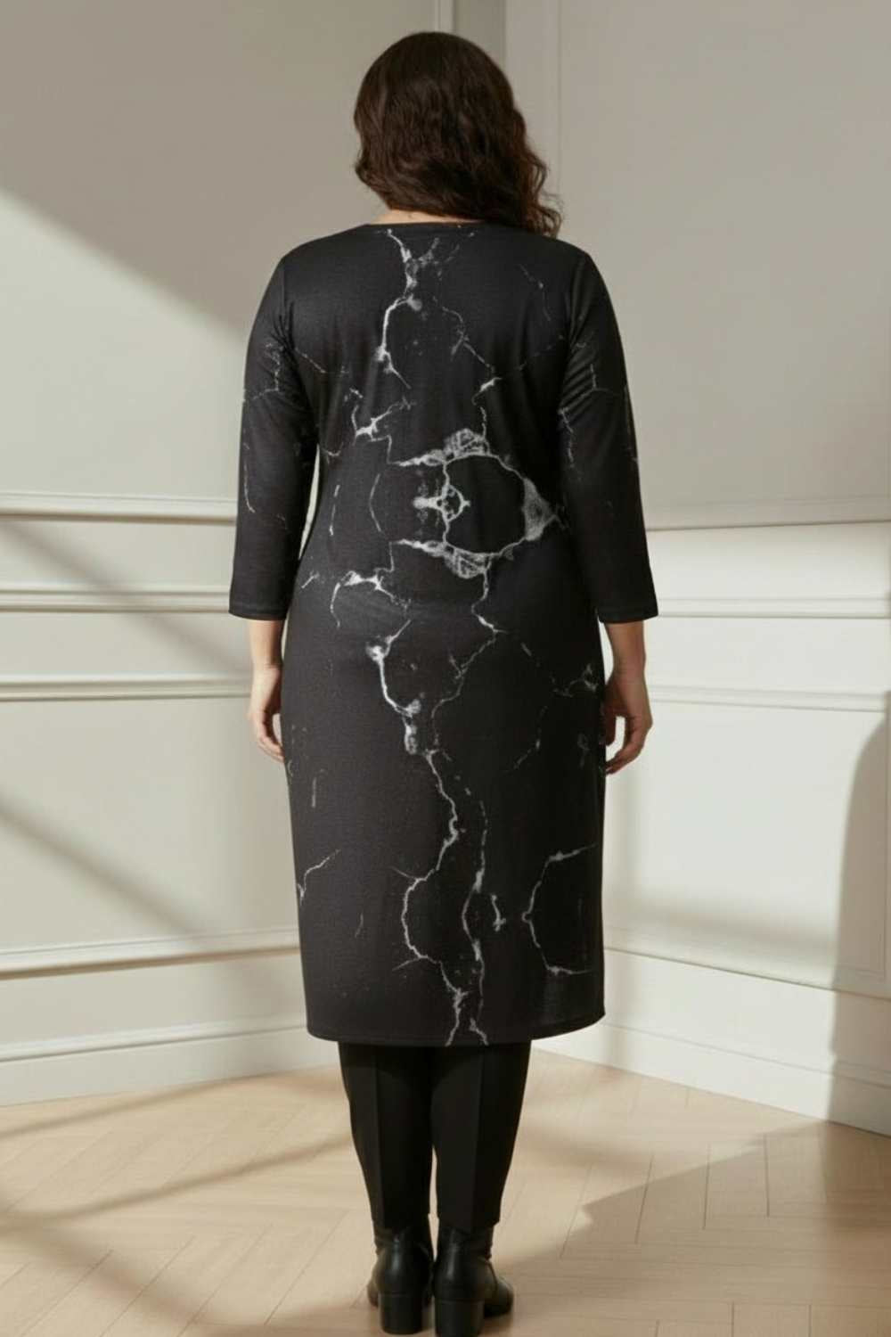 Plus Size Black Marble V Neck SnugWeave™ Winter Kurta