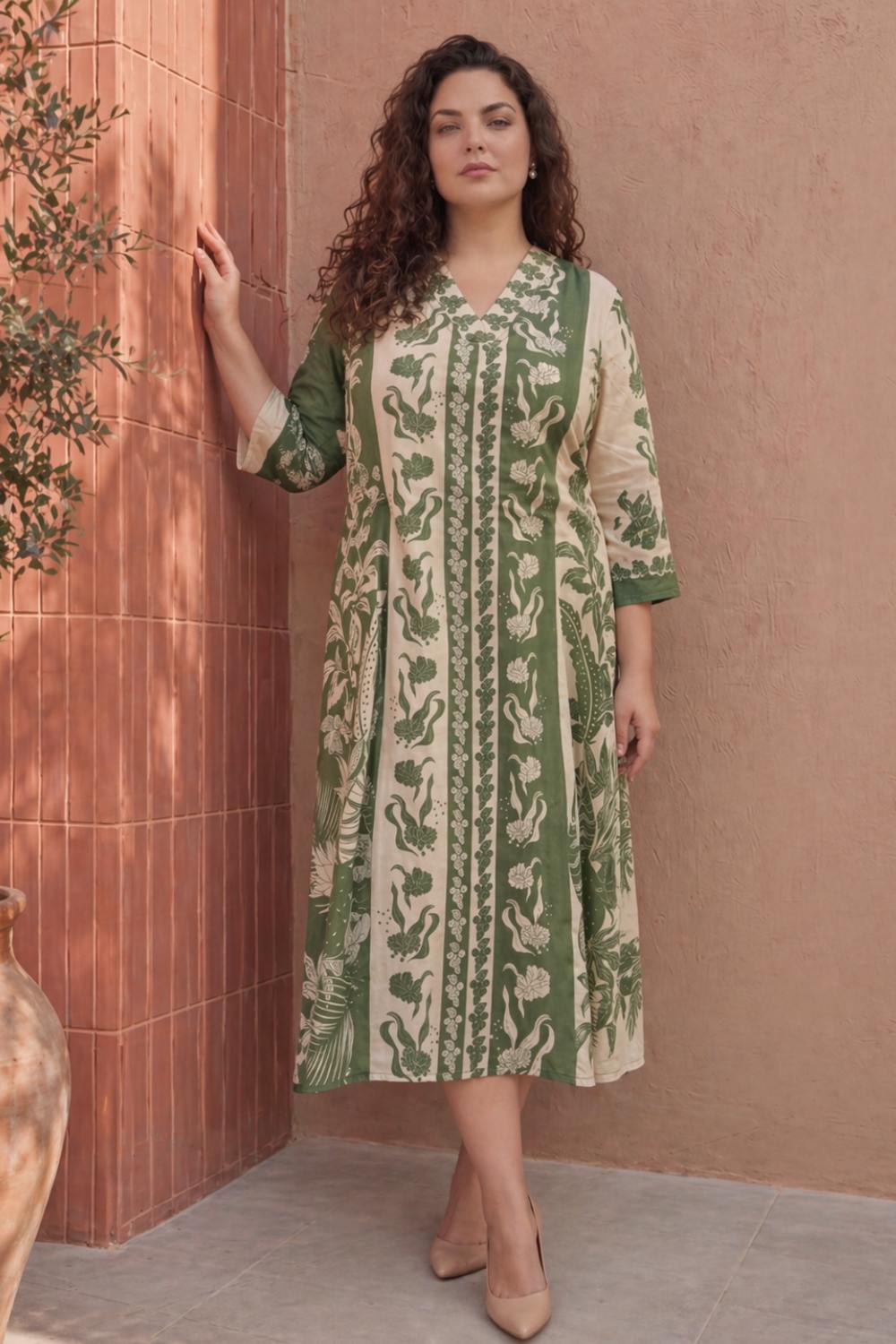Plus Size Olive Grace Printed Cotton Midi Dress