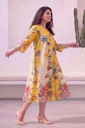 Floral Charm Yellow Plus Size Midi Dress