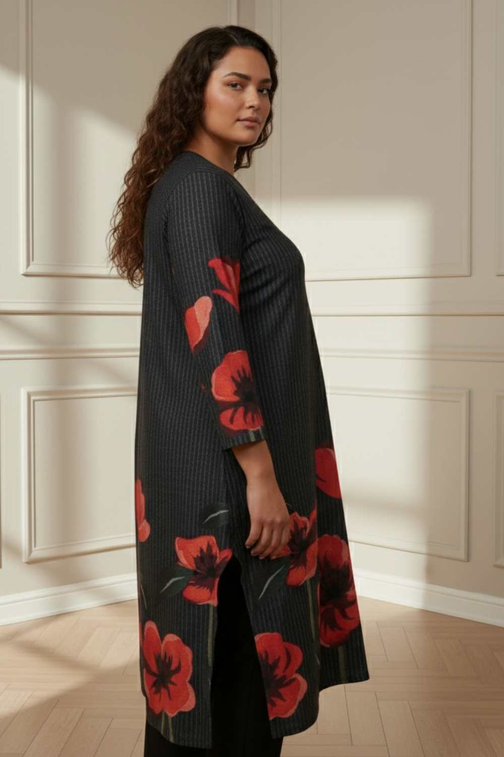 Plus Size Black Floral Borders SnugWeave™ Winter Kurta for Women