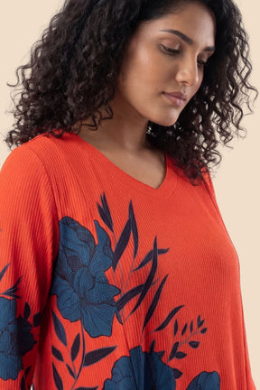 Plus Size Red Teal Floral Print A-Line Dress