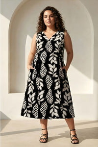 Plus Size Black & White Leaf Print Sleeveless Rayon Midi Dress
