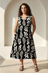 Plus Size Black & White Leaf Print Sleeveless Rayon Midi Dress