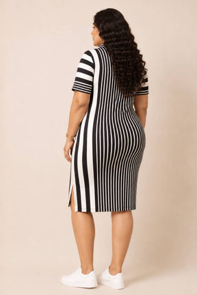 Black White Stripe Printed Polo Dress