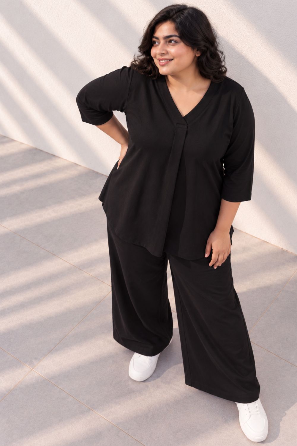 Plus Size SoftEase V Neck Black Cotton Coord Set