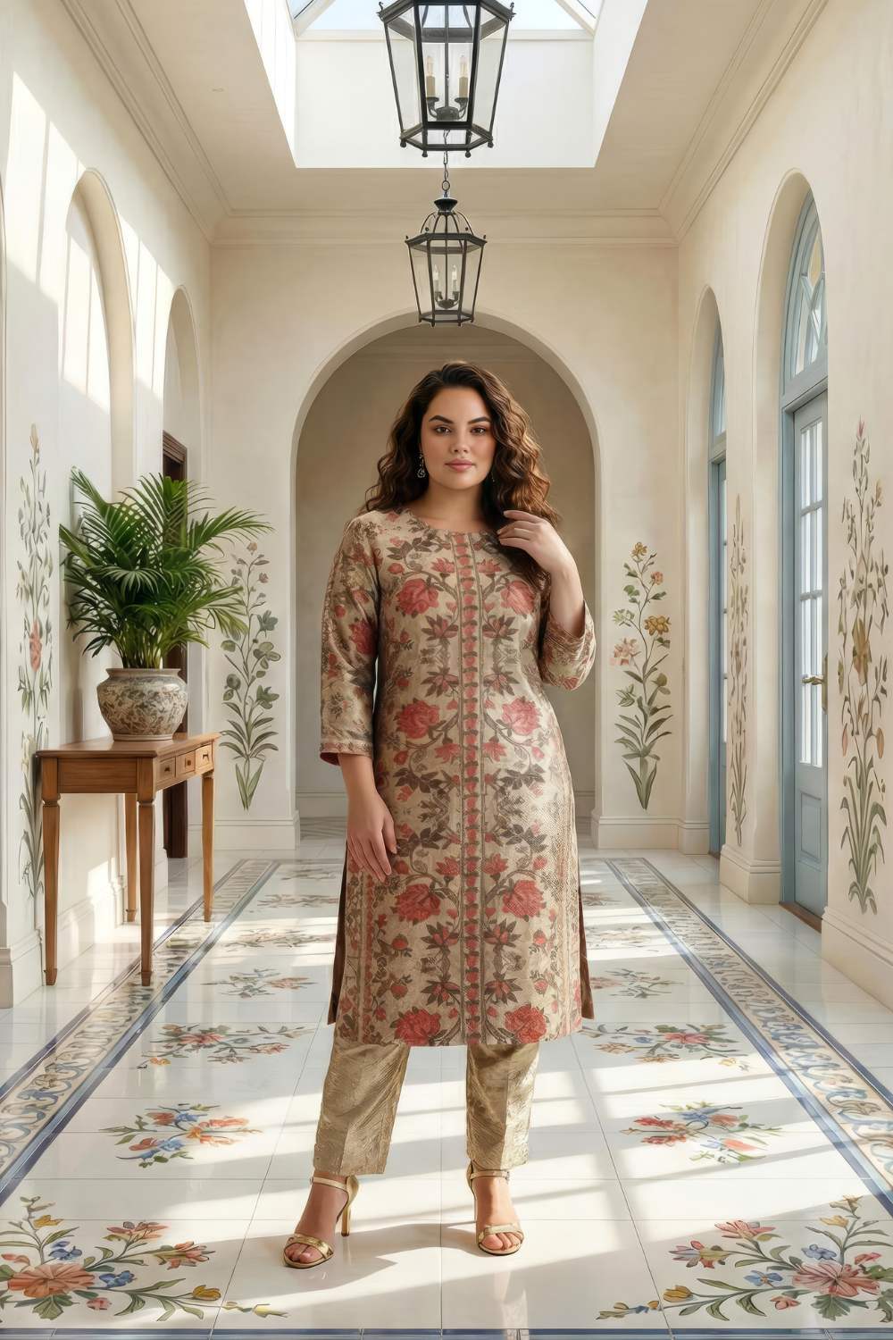 Plus Size Ethnic Floral Round Neck Velvet Kurta