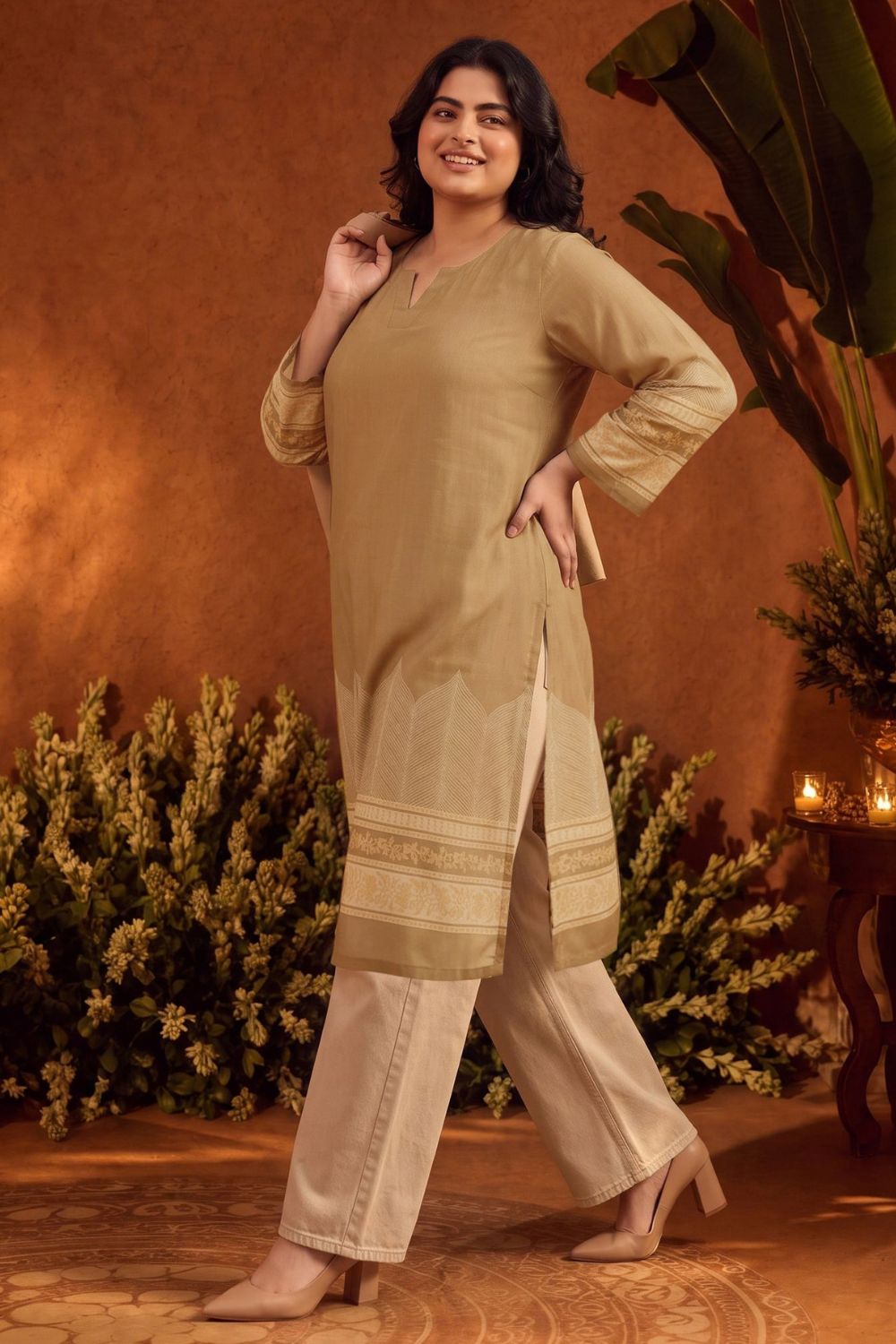 Plus Size Plus Size Beige Elegance Printed Straight Georgette Kurta