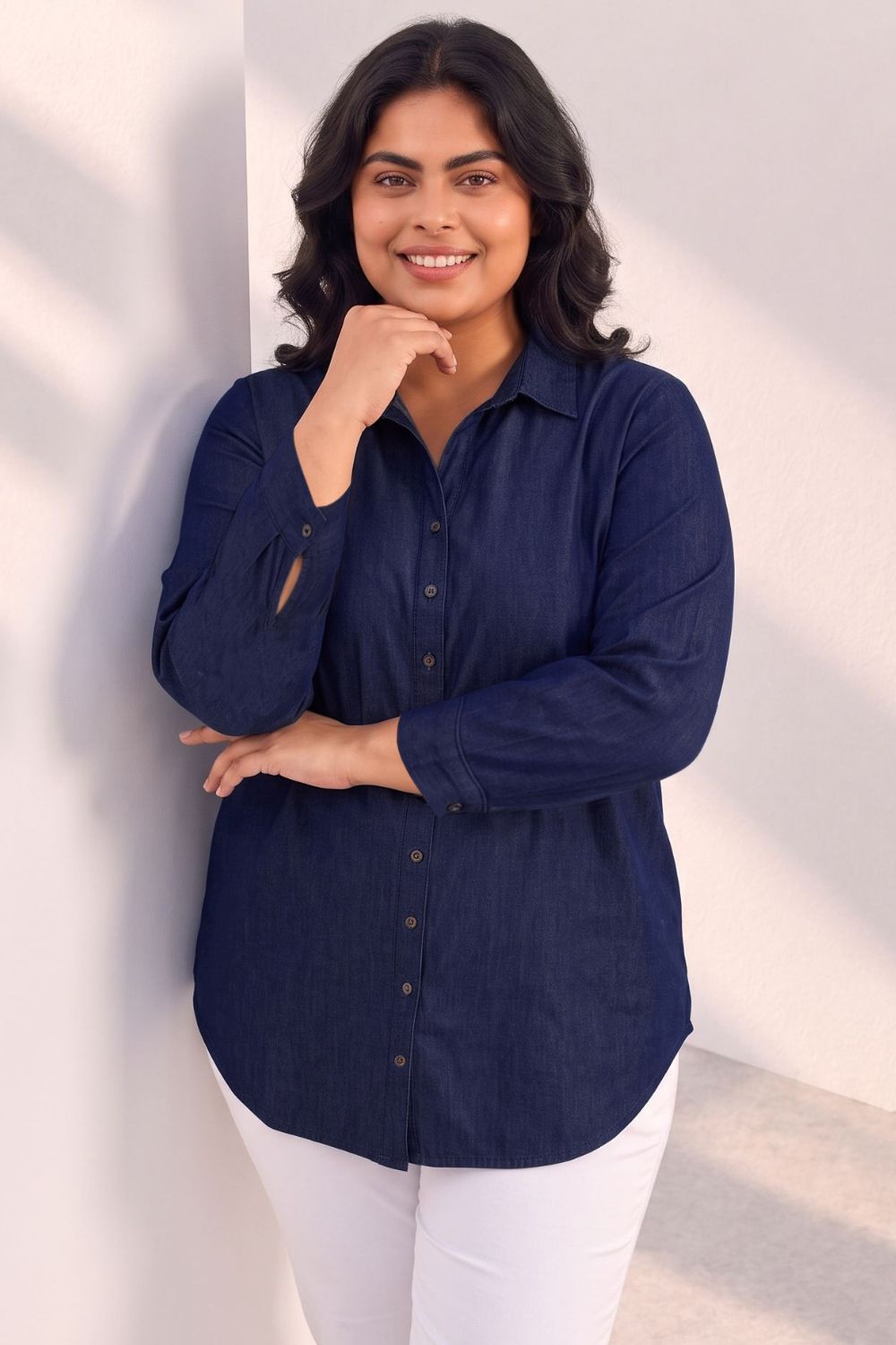 Plus Size Indigo Blue Denim Cotton Shirt