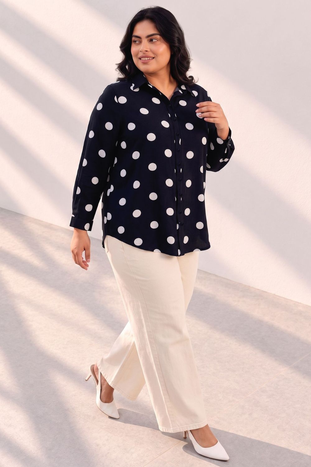 Plus Size Black Polka Print Rayon Shirt