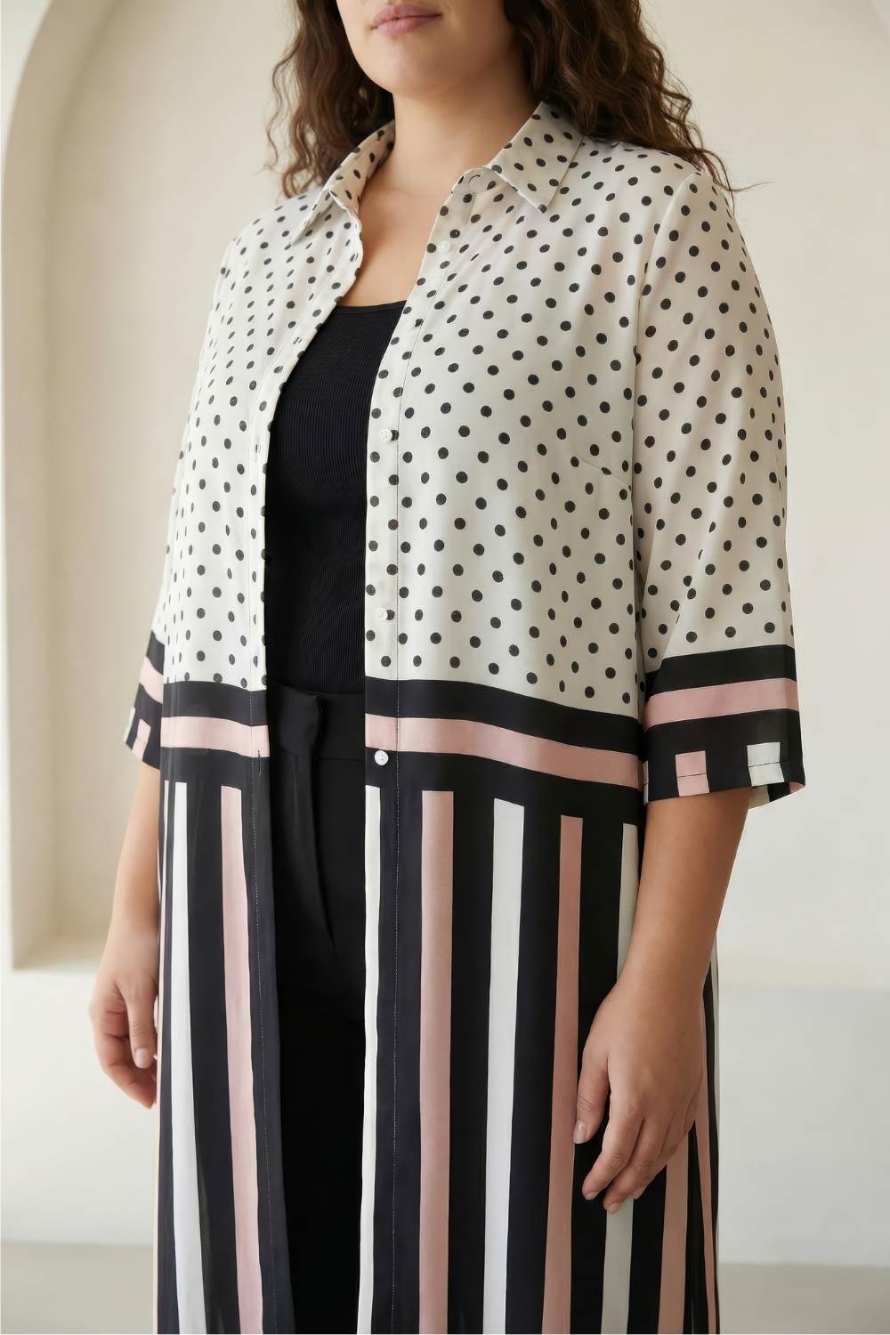 Black Luxe Polka Stripes Kurta Cum Shrug