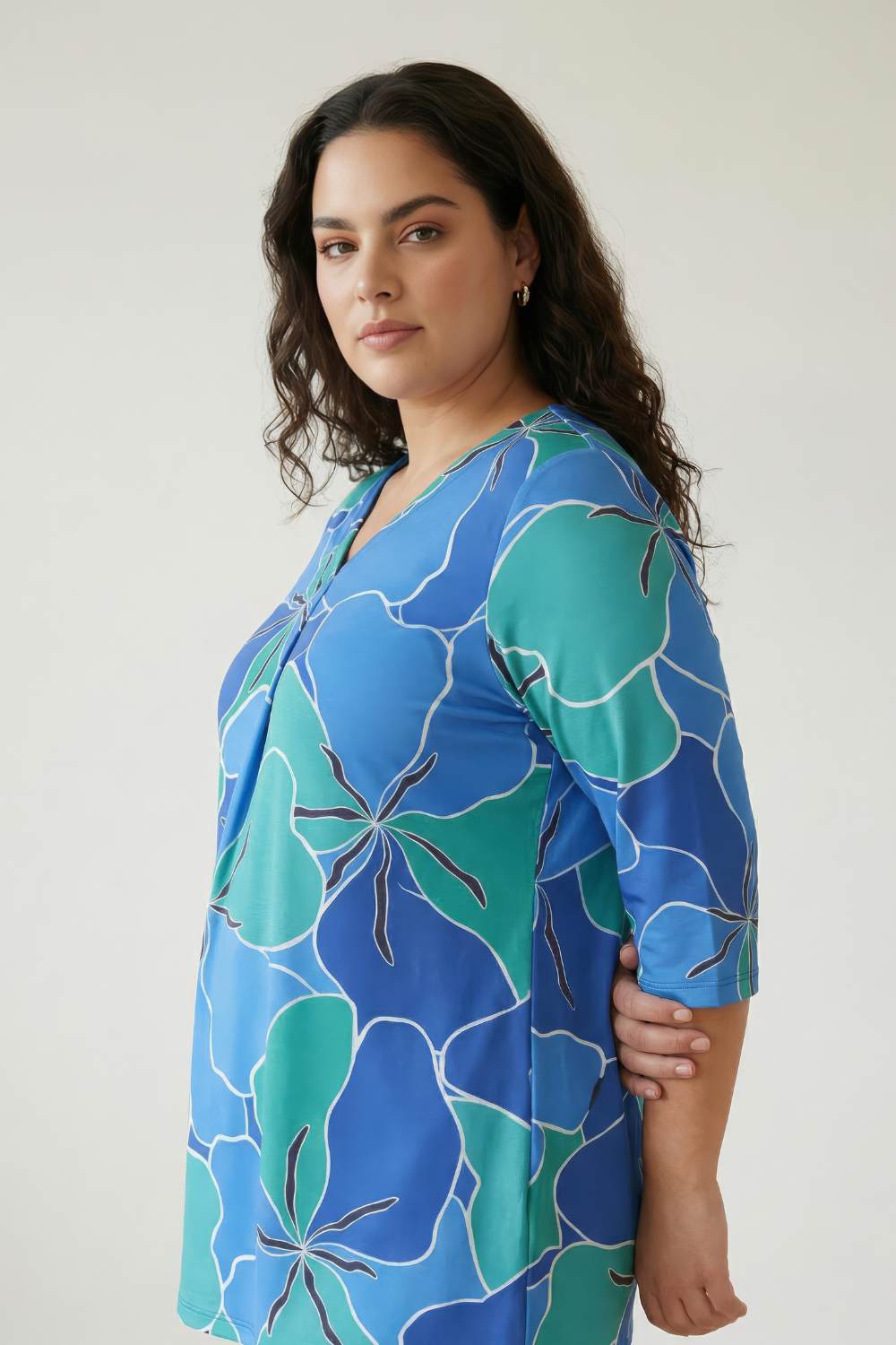 Plus Size Blue Green Abstract Centre Pleat Top for Women