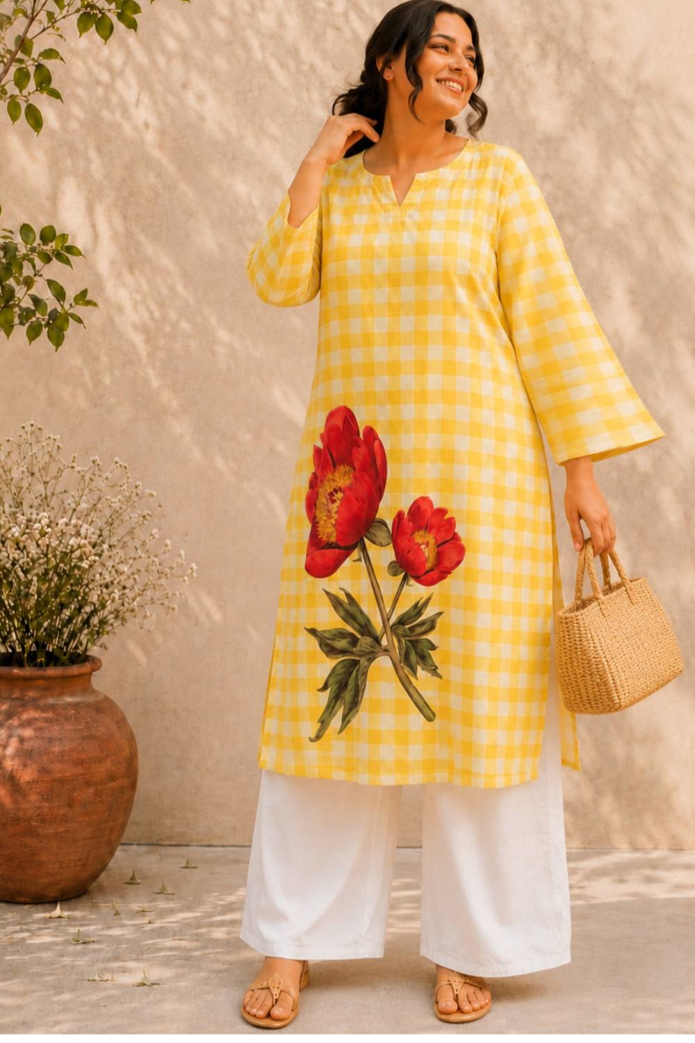 Plus Size Yellow Gingham Floral Print cotton Kurta for Women