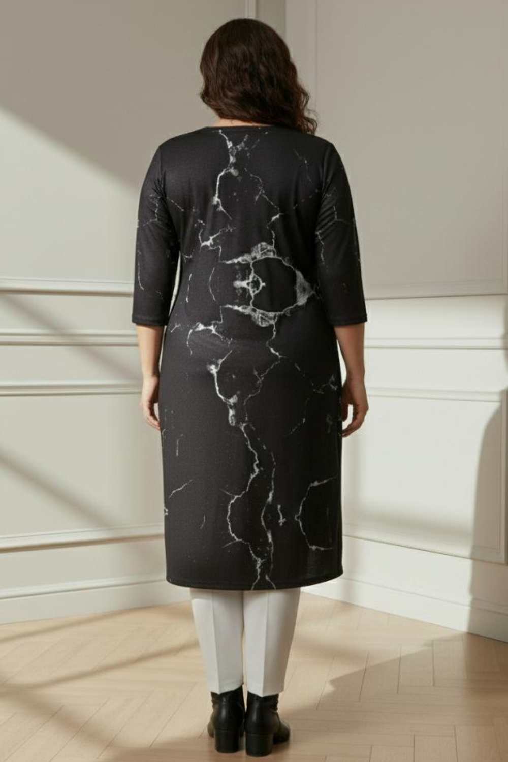 Plus Size Black Marble V Neck SnugWeave™ Winter Kurta