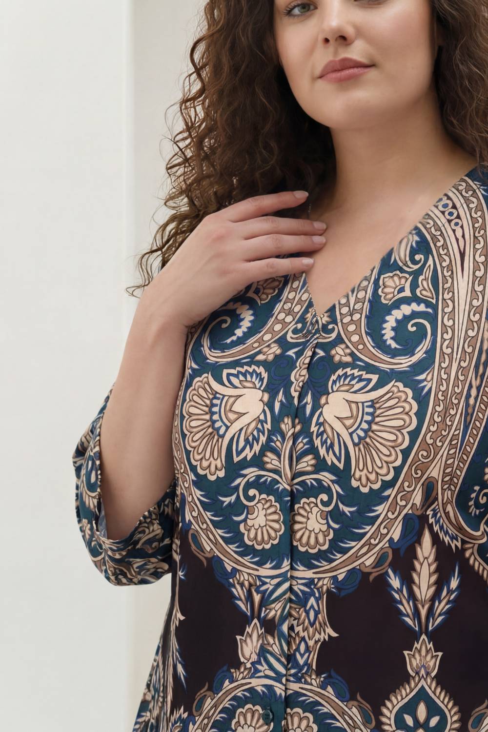 Plus Size Black Luxe Ethnic Print Centre Pleat Top for Women