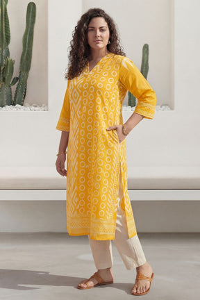 Plus Size Yellow Ikat Print Cotton V-Neck Kurta