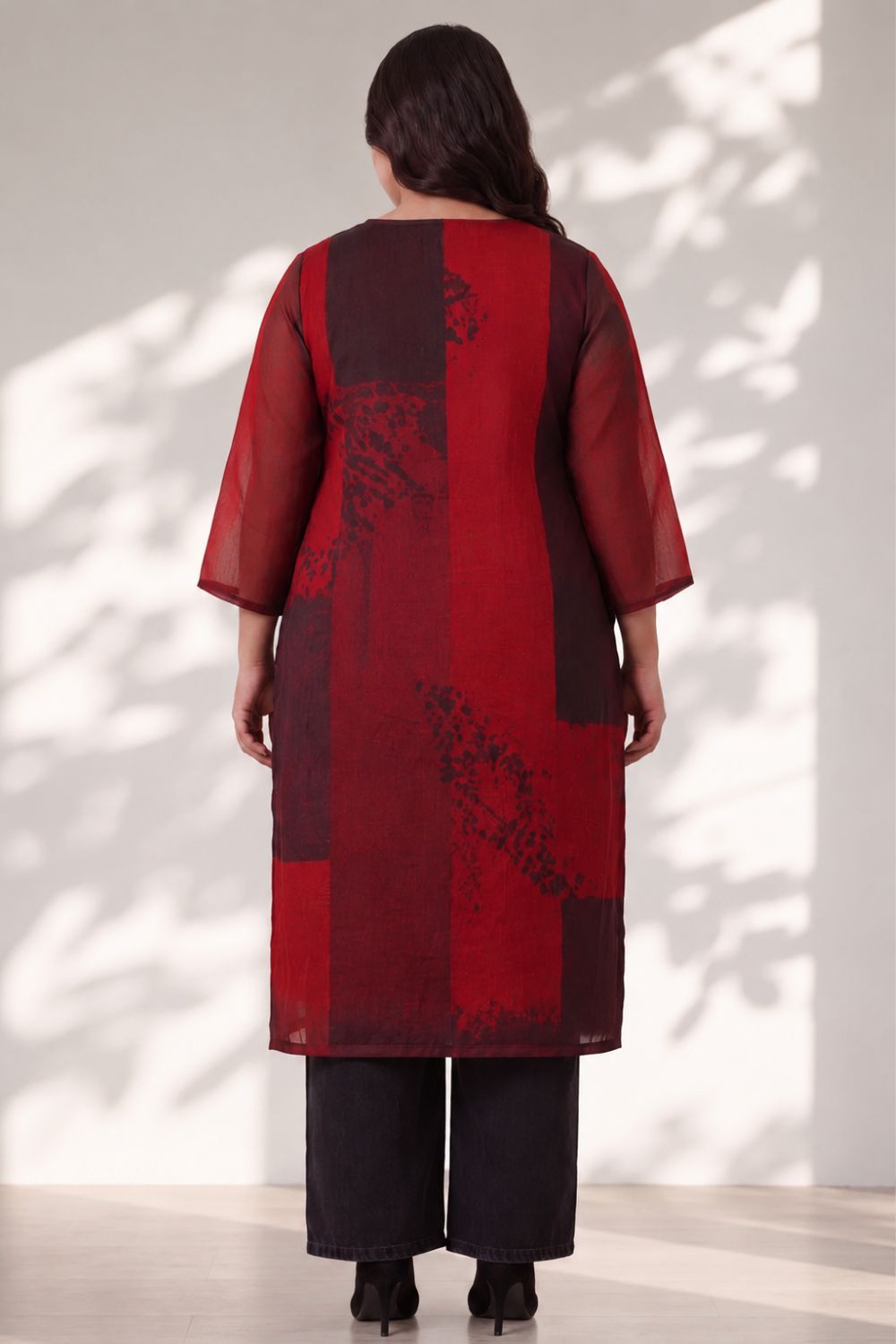 Plus Size Red and Deep Black Abstract Textured Print Georgette Kurta for Women