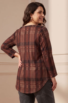 Plus Size Brown Checkered Print SnugWeave Winter Top