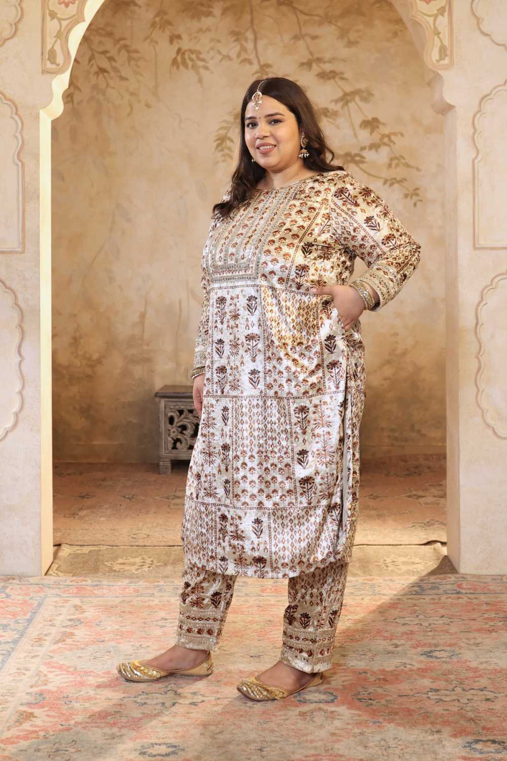 Plus Size Ivory Rust Ethnic Printed Velvet Suit Set